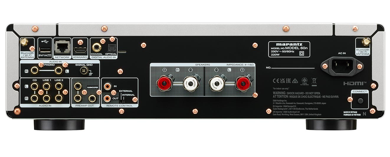 Marantz MODEL 60n : Amplificateur connecté 2 x 60 Watts avec lecteur réseau HEOS - UPnP / DLNA - Roon, Bluetooth, AirPlay 2, DAC 24 bits / 192 kHz, entrée PHONO et HDMI ARC