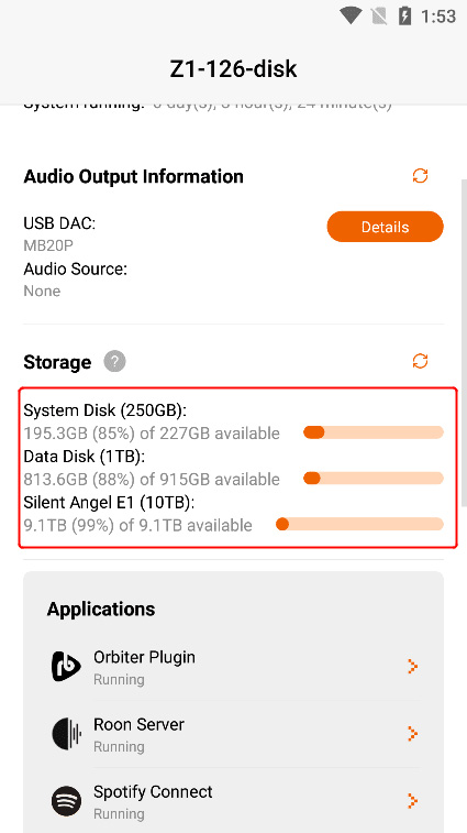 Application VitOS Manager : indication sur l'espace de stockage disponible