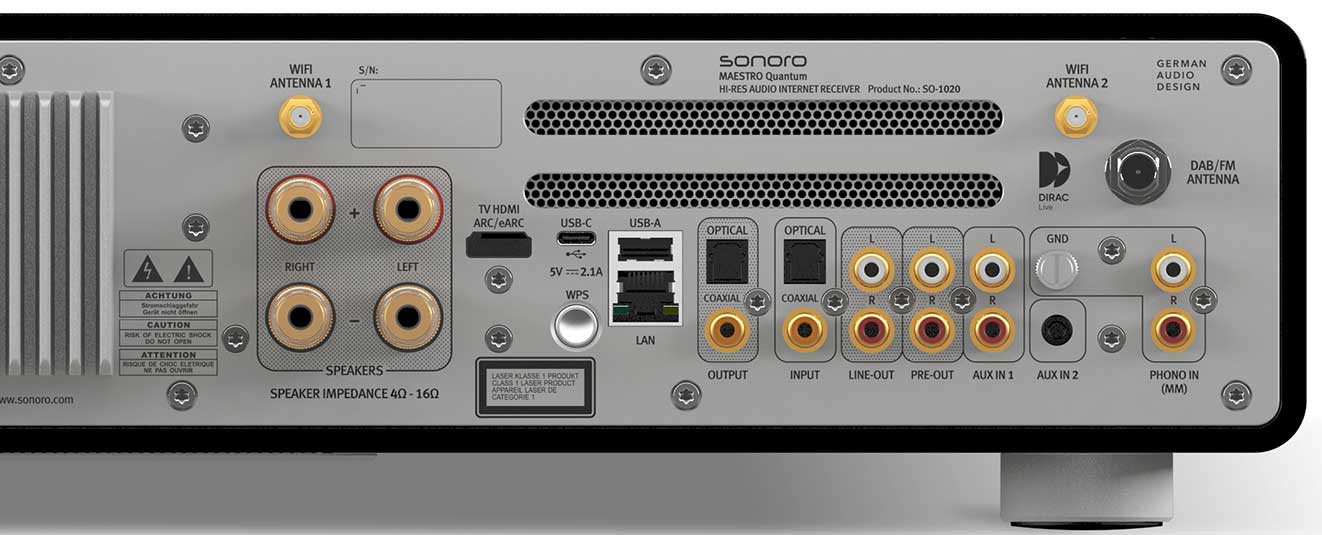 Connectiques audio : les entrées et les sorties analogiques / numériques de l'amplificateur Sonoro MAESTRO Quantum​